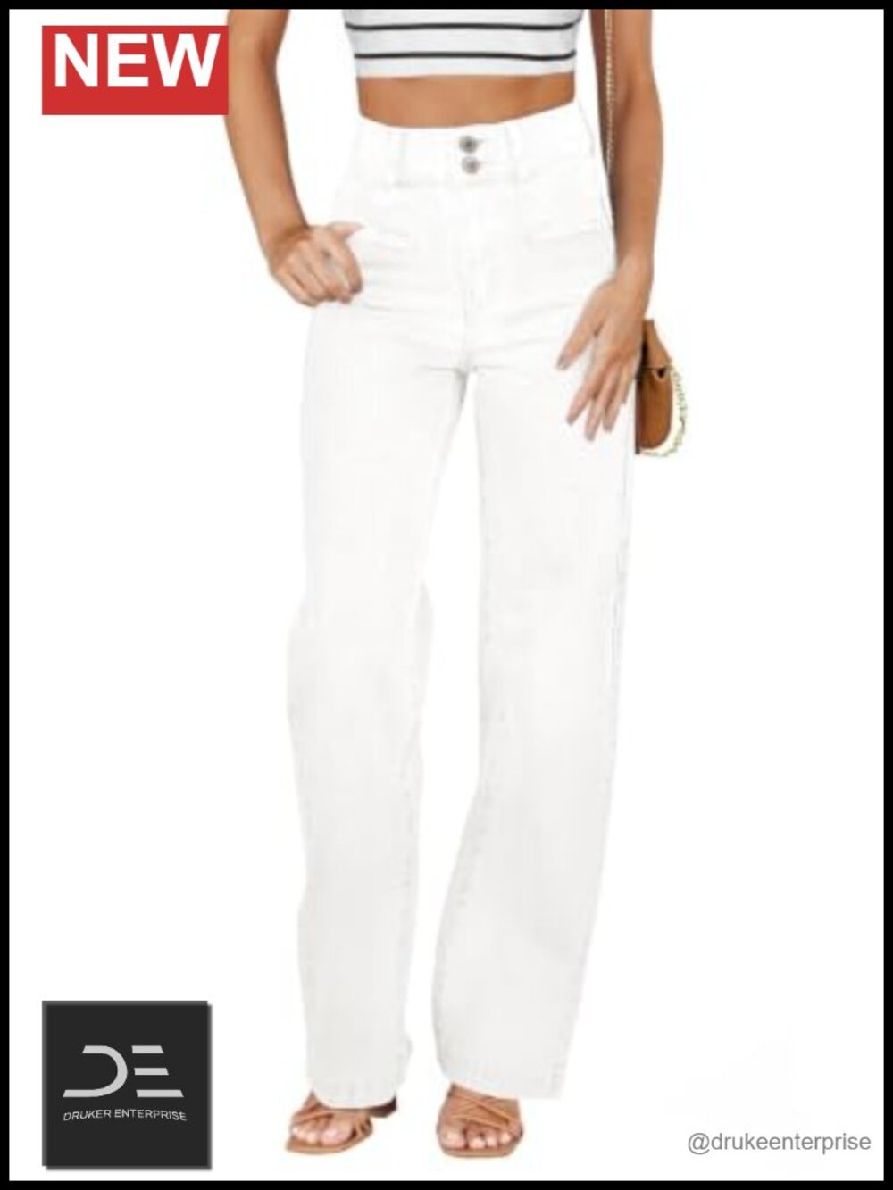 High Waisted Straight Leg Jeans with Pockets, Stretchy Denim, Dual Button